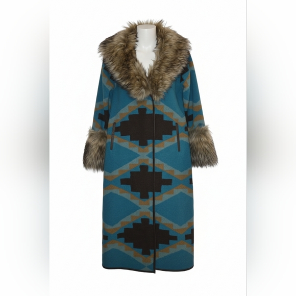Tasha Polizzi Jackets & Blazers - Tasha Polizzi Teal and Brown Cape with Faux Fur Trim